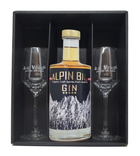 Geschenkbox ALPIN-BIO-GIN 0,35 Liter, 38% mit zwei Gläsern